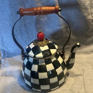 McKenzie -Childs Black & White Checkered Ceramic Teapot with Red Lid Accent